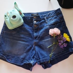High-waisted medium wash denim shorts